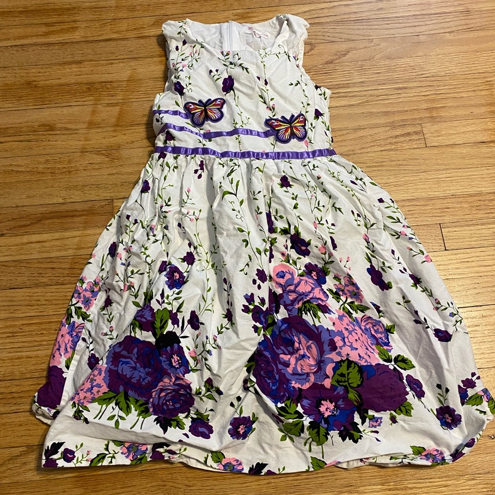 Girl 7/8 Sunny Fashion Floral Butterfly Kids Dress - Purple and White Sleeveless